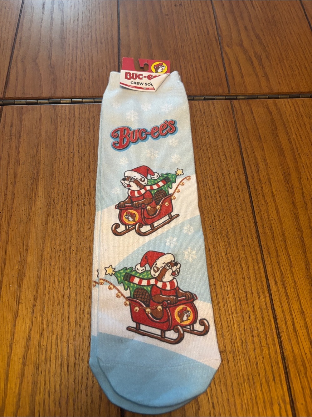 Buc-ee's Light Blue Holiday Crew Socks